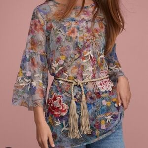 NWT Johnny Biya  Mesh Embroidered Blue Sheer Tunic Top XS Boho Chic Lagenlook